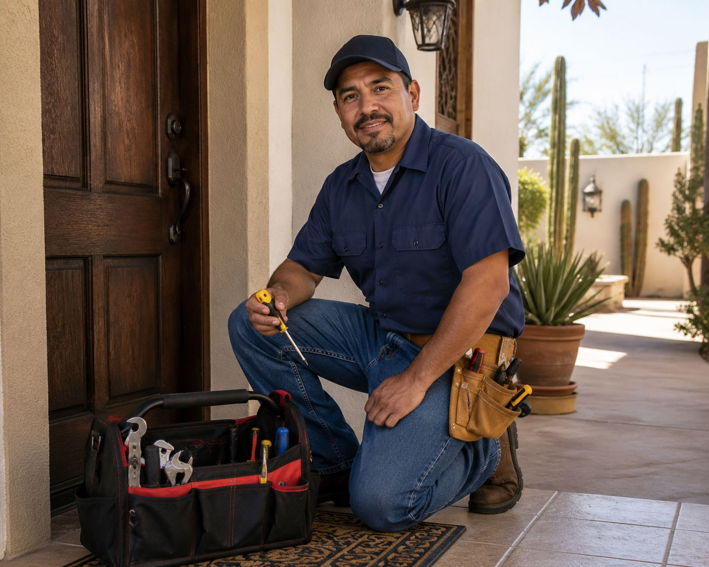 Handyman in a house entrance reay to fix a problem